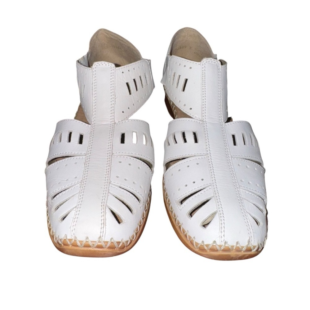 Remonte White Leather Cutout Slip-On Sandals with Tan Sole